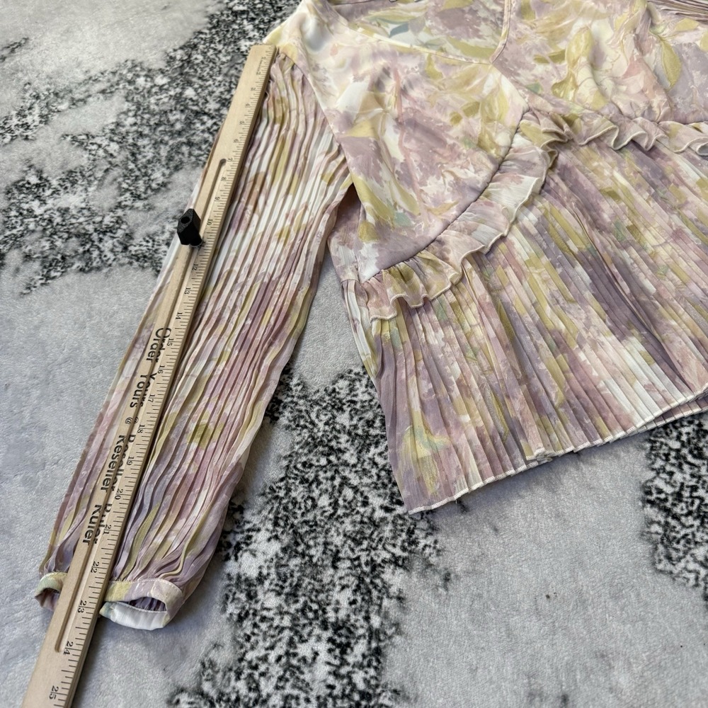 DR2 Blouse Womens Size L Multicolor Foral Watercolor Print‎ V Neck Pleated Top - Picture 3 of 8